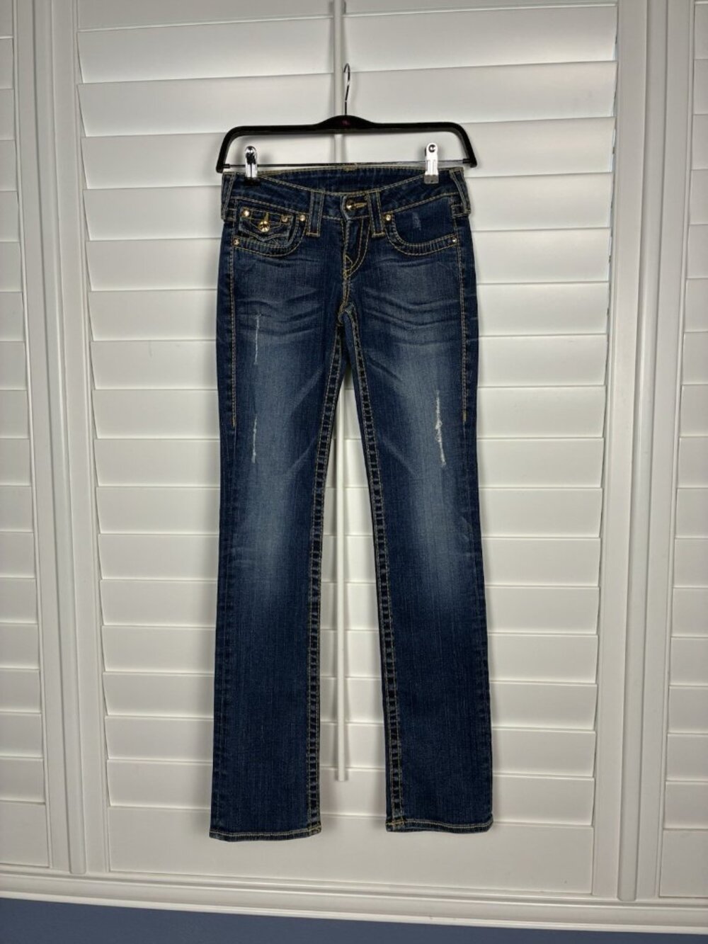 True Religion Women’s 24 Blue Low Rise Straight Leg Jeans Crystal Flap Pockets